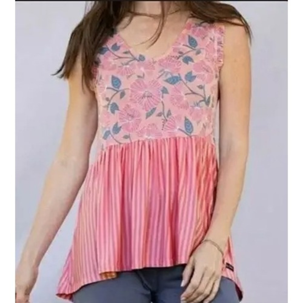 Matilda Jane Pink Floral Stripe Off She Goes Peplum Top Womens L New